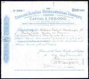 English Electro Metallurgical Co. Ltd., pair of certificates, £1 Preference and Ordinary shares, 1902