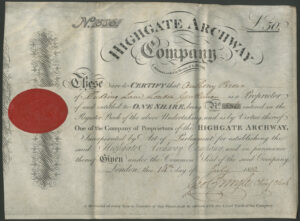 Highgate Archway Company, £50 share, 1810, on vellum, #586