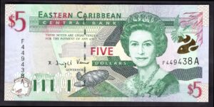 Antigua: ECC Bank. Five Dollars, (2000), F449438A, (Pick 37a), AU-UNC.