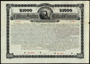 California Southern Railroad Co., 6% income bond, specimen $1000 bond, 1886, rare - Image 1