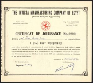 Invicta Manufacturing Co. of Egypt, Certificat de Jouissance, 1 part beneficiaire, 1937