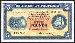The Union Bank Of Scotland Limited: Five pounds, 2-4-1954, D063/157, (Banknote Year Book; SC 913b), NVF. - Image 1