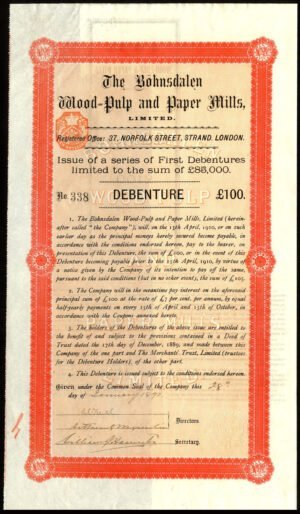 Norway: Bohnsdalen Wood-Pulp and Paper Mills Ltd., 7% debenture for £100, 1890, with coupons