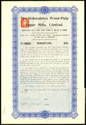 Norway: Bohnsdalen Wood-Pulp and Paper Mills Ltd., 6% debenture for £25, 1896, with coupons