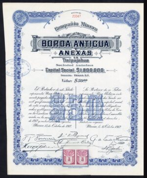 Mexico, Compania Minera Borda Antigua y Anexas en Tlalpujahua, $50 shre, 1912, with coupons, EF