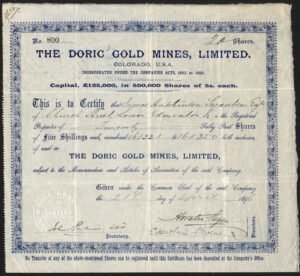 USA: Doric Gold Mines Ltd. (CO), 5 shilling shares, 1896