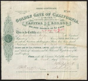 Golden Gate of California Ltd., £1 shares, 1898