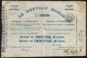USA: Le Nouveau Monde, 1 share of 25 francs, circa 1851