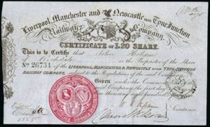 Liverpool, Manchester and Newcastle-upon-Tyne Junction Railway Co., £20 share, 1846