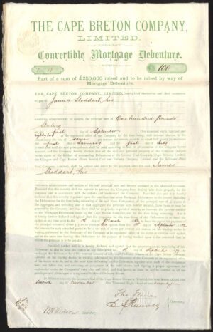 Canada: Cape Breton Company Ltd., convertible mortgage debenture for £100, 1874