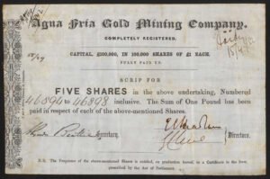USA: Agua Fria Gold Mining Co., scrip for 5 shares of £1, circa 1852
