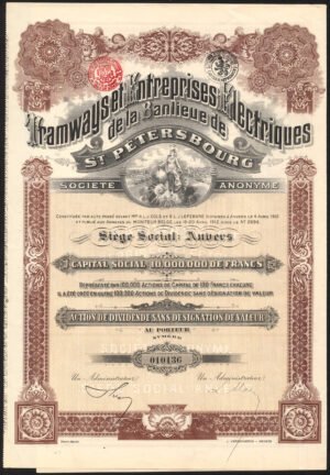 Russia: Tramways et Enterprises Electrique de la Banlieue de St. Petersbourg S.A., dividend share, 1912