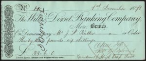 Wilts and Dorset Banking Company, Mere branch, Order cheque, 1871, CO duty stamp