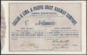 Peru: Callao & Lima & Pacific Coast Railway Co., 'C' 5 shares of £10, circa 1844, EF