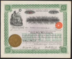 USA: Corona Queen Mining Co., Lincoln County, New Mexico, $5 shares, 1909, EF
