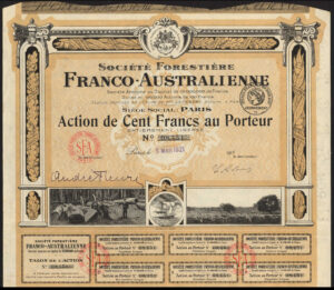 Australia: Soc. Forestiere Franco-Australienne, 100 franc share, 1921
