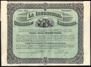 Spain: La Industrial Quimica de Zaragoza, specimen preference share, 1908, printed by Bradbury Wilkinson - Image 1