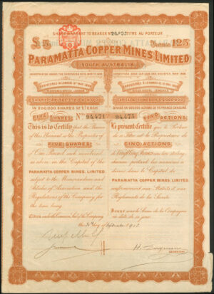 Australia: Paramatta Copper Mines Limited, 5 shares of £1, 1903