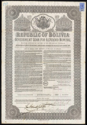 Republic of Bolivia, 1872, 6% Loan, £100 bond, large format, GVF+
