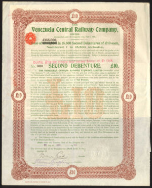 Venezuela Central Railway Co. Ltd., second debenture for £10, 1910