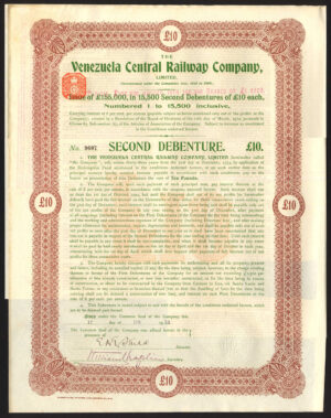 Venezuela Central Railway Co. Ltd., second debenture for £10, 1912