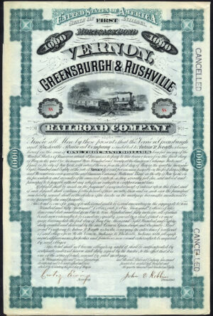 USA: Vernon, Greensburgh & Rushville Railroad Co., $1000 bond, 1880 - Image 1