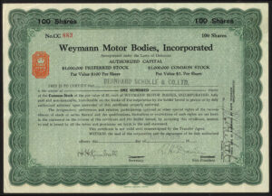 USA: Weymann Motor Bodies Inc., 100 shares common stock, 1928, English revenue stamp, GVF