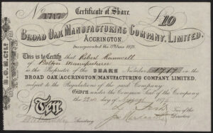 Broad Oak Manufacturing Co. Ltd., £10 share, 1876