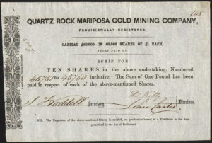 USA: Quartz Rock Mariposa Gold Mining Co., scrip for 10 shares, circa 1851