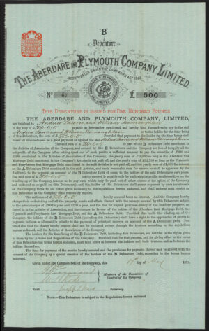 Aberdare and Plymouth Co. Ltd., 'B' debenture, £500, 1876
