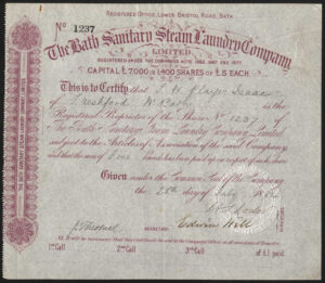 Bath Sanitary Steam Laundry Co. Ltd., £5 share, 1884 - Image 1