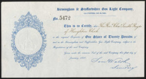 Birmingham & Staffordshire Gas Light Co., £20 share, 1856