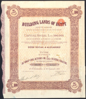 Egypt: Building Lands of Egypt S.A., 25 £4 shares, 1906, capital £390,000