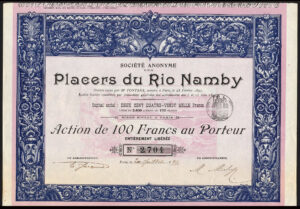 Colombia: S.A. des Placers du Rio Namby, 100 franc share, 1897
