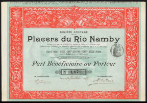 Colombia: S.A. des Placers du Rio Namby, part beneficiaire, 1897