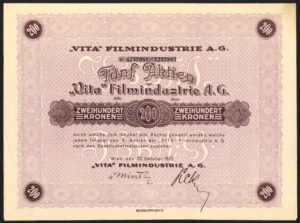 Austria: 'Vita' Filmindustrie A.G., 5 shares of 200 kronen each, 22 Oct 1923, AEF