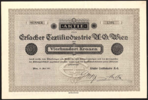 Austria: Erlacher Textilindustrie A.G., 400 Kr share, 15 May 1917, VF - Image 1