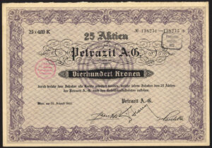 Austria: Petrazit A.G., 25 shares of 400Kr each, 22 Aug 1922, VF