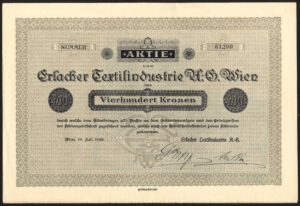 Austria: Erlacher Textilindustrie A.G., 400 Kr share, 19 July 1922, VF