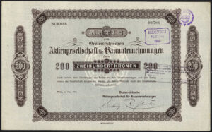 Austria: Oesterreichischen A.G. fur Bauunternehmungen, 200 Kr share, March 1910, VF