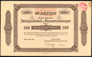 Austria: Oesterreichischen A.G. fur Bauunternehmungen, 25 shares of 200 Kr, May 1923, VF