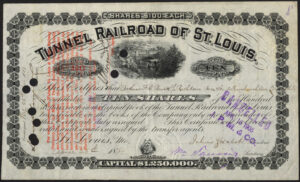USA: Tunnel Railroad of St. Louis, 10 shares of $100 each, 1881