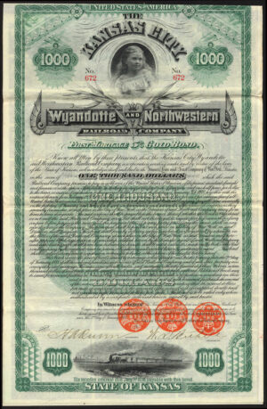 U.S.A.: Kansas City, Wyandotte and Northwestern Railroad Co., 5% First Mortgage Gold bond for $1000, 1888