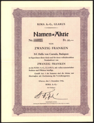 Switzerland: Rima A. G., Glarus, 20fr share, 1936