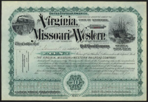 USA: Virginia, Missouri and Western Railroad Co., 10 shares of $100, 1893 - Image 1