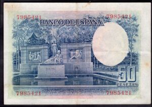 Spain, Banco De Espana, 50 Pesetas, 22-7-1935, 7985421 (Pick 88). GVF. - Image 2