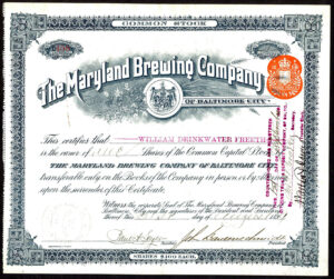 USA: Maryland Brewing Co. of Baltimore City, common stock, $100 shares, 1899