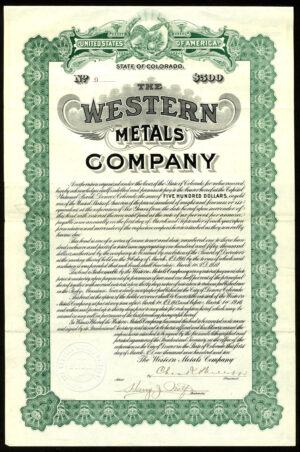 USA: Western Metals Co., Colorado, $500 bond, 1910, 300 issued