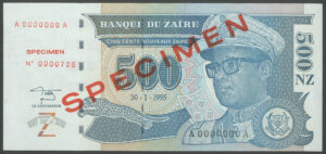 Zaire, Banque Du Zaire, 500 Nouveaux Zaires, Specimen, 1995 (Pick 65s), AUNC