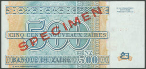 Zaire, Banque Du Zaire, 500 Nouveaux Zaires, Specimen, 1995 (Pick 65s), AUNC - Image 2